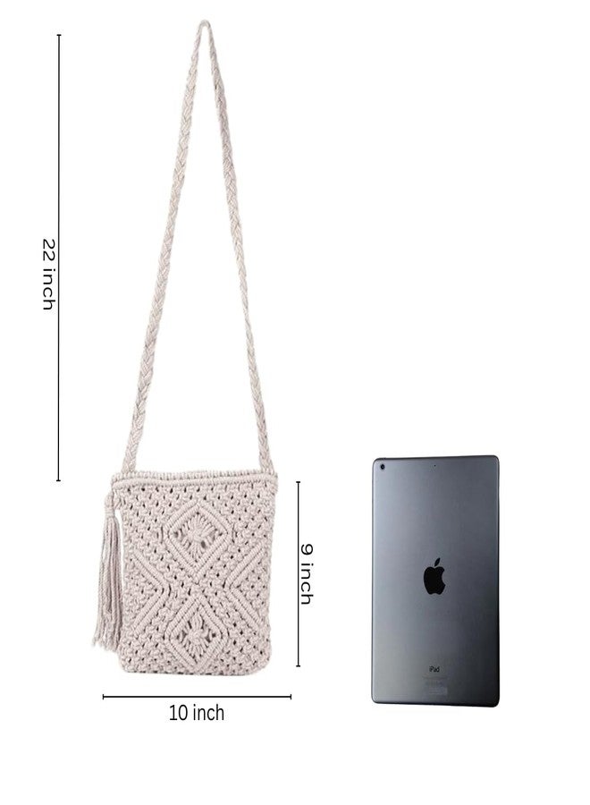 tms Handmade Macrame Sling Bag Crossbody (10x9 inch) - Off-White, Zipper Closure, Boho Chic, Stylish, Durable, Adjustable Strap, 1 pcs - Image 5